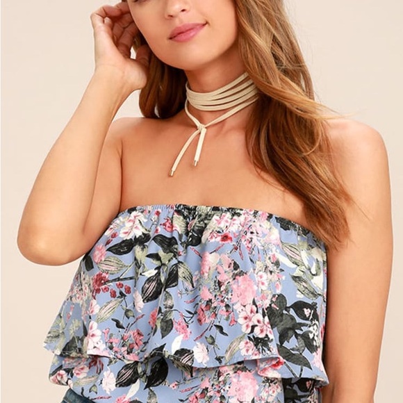 Lulus Move Freely Periwinkle Blue Floral Print Strapless Crop Top-Md - Picture 6 of 11